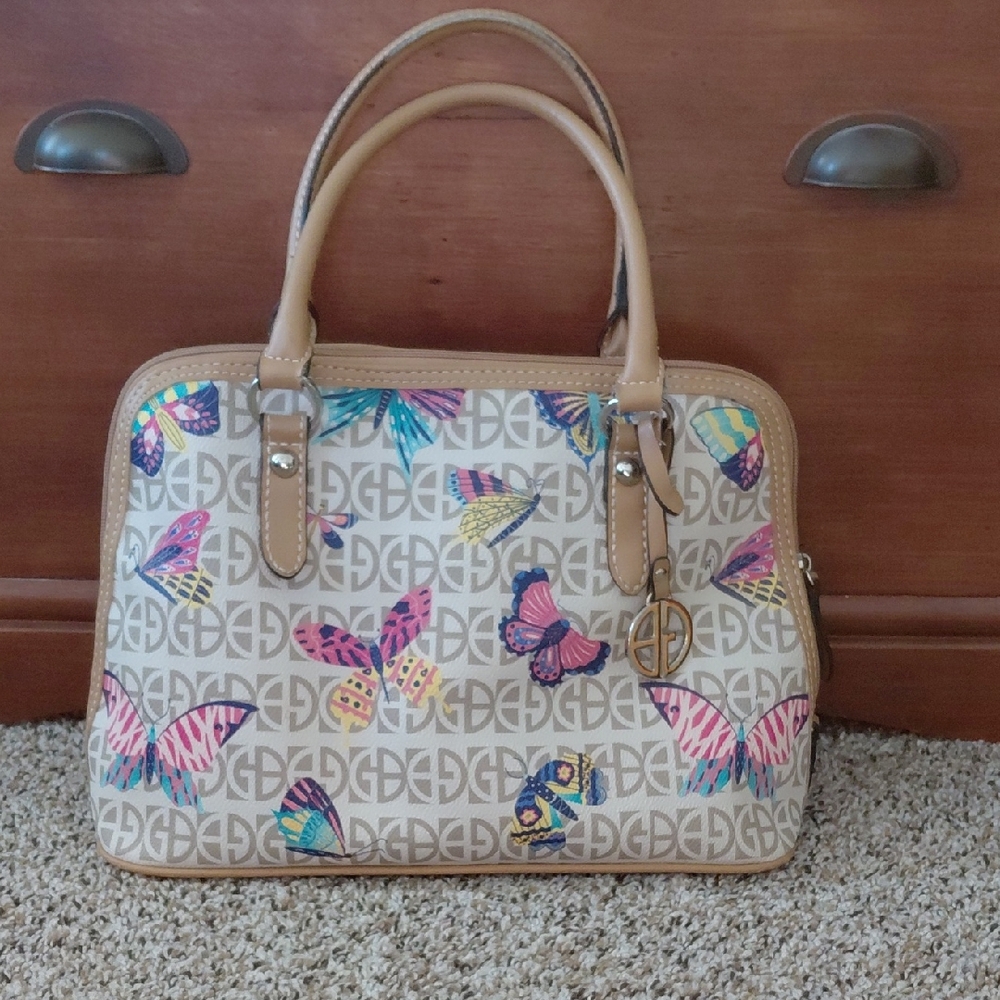 Butterfly Print Beige Handbag